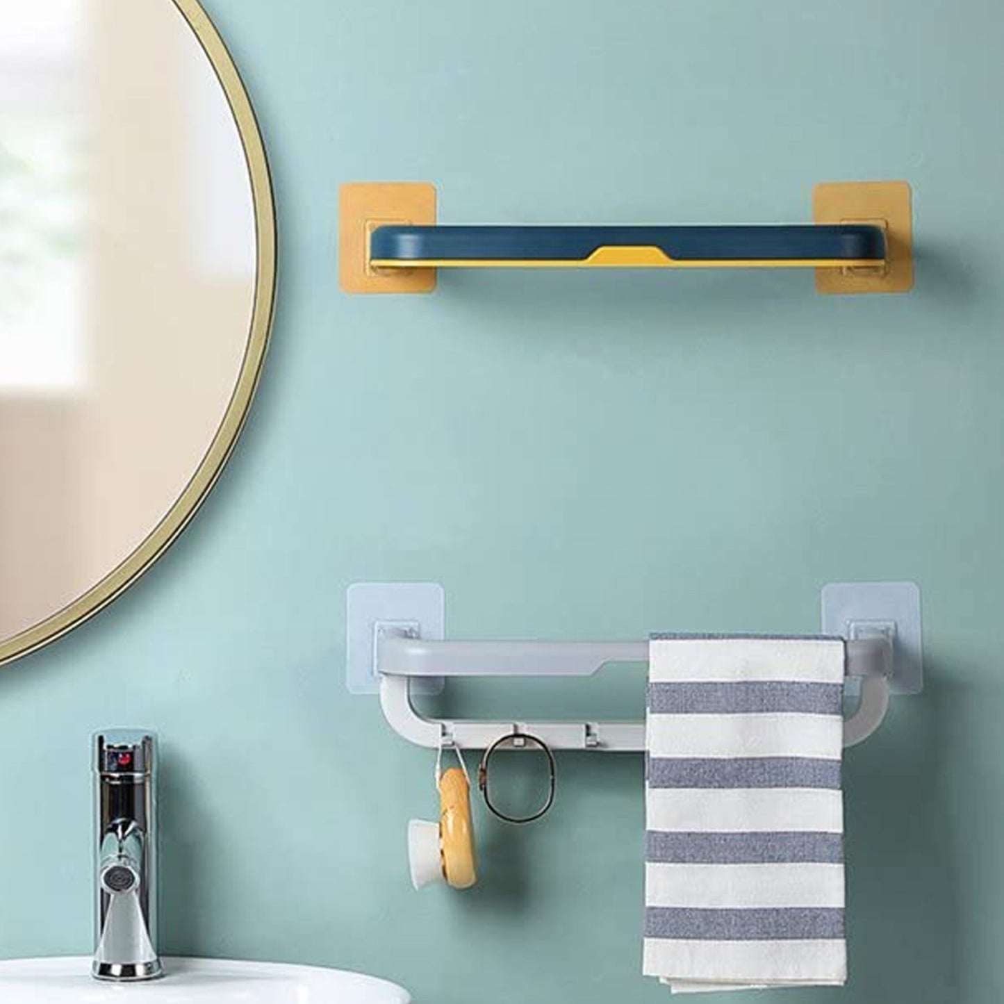 Wall Mounted Double Bar Towel Holder with Hooks | Multifunctional Adjustable Towels Rack for Kitchen / Bathroom | Folding Towel Shelf - mihikart.com