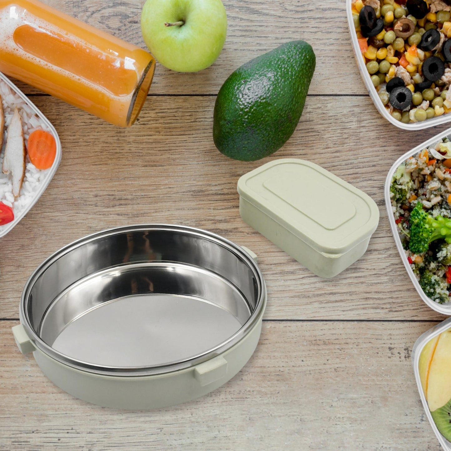 Miracle Stainless Steel Round Lunch Box, with Small Plastic Box Insert Leak Proof Lunch Box with Transparent lid, Lunch Box for Kids & Adults for School, Office (450 ML + 250 ML Approx) Mihikart