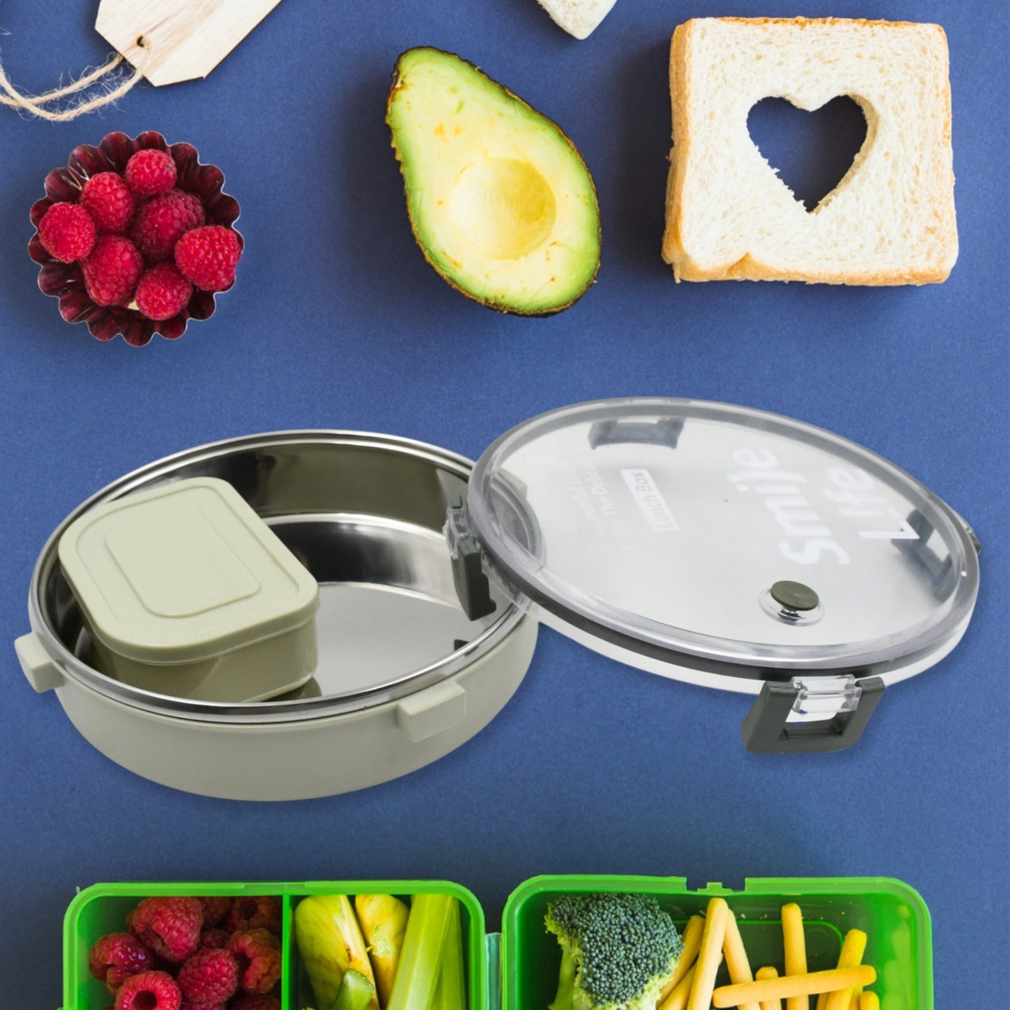 Miracle Stainless Steel Round Lunch Box, with Small Plastic Box Insert Leak Proof Lunch Box with Transparent lid, Lunch Box for Kids & Adults for School, Office (450 ML + 250 ML Approx) Mihikart
