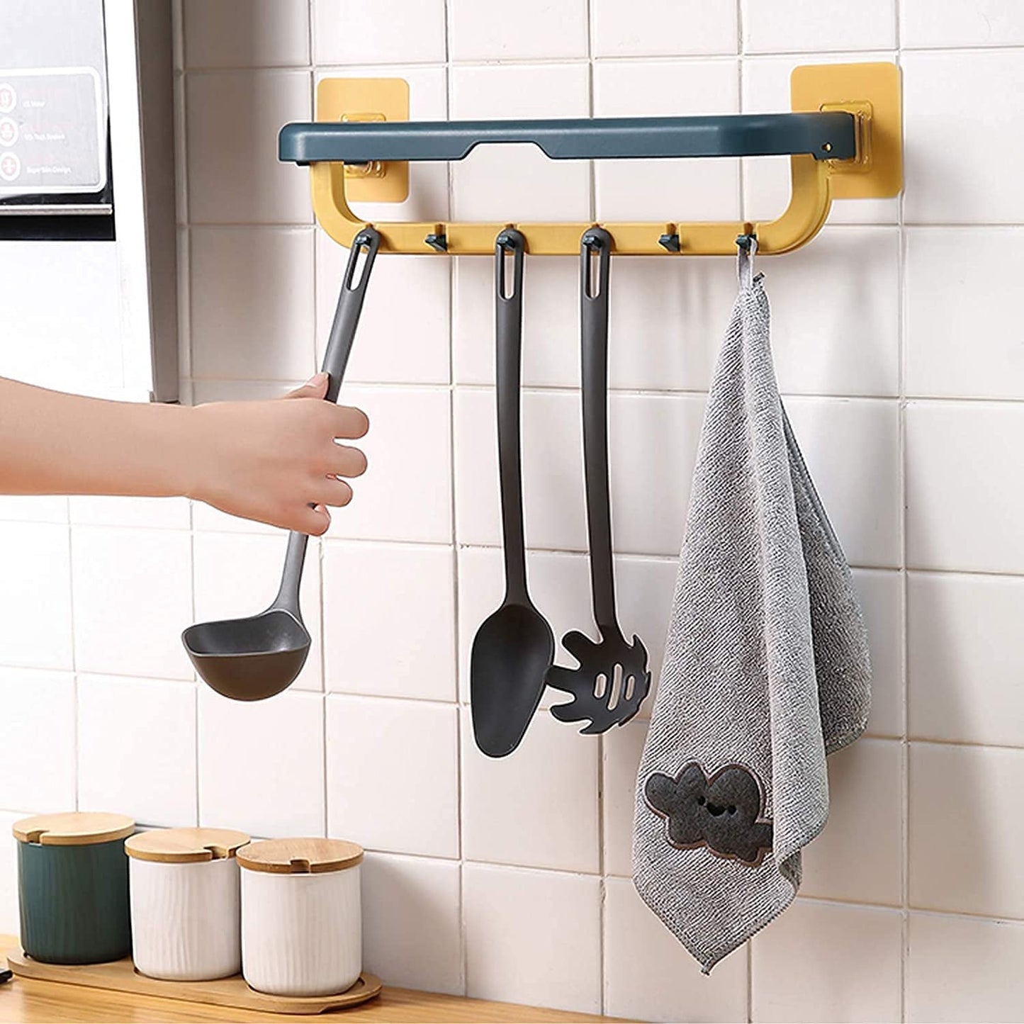 Wall Mounted Double Bar Towel Holder with Hooks | Multifunctional Adjustable Towels Rack for Kitchen / Bathroom | Folding Towel Shelf - mihikart.com