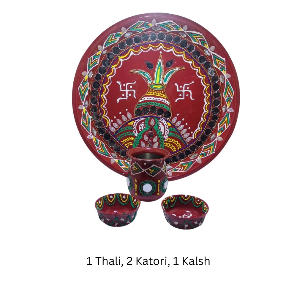 Mihikart Handmade Decorative Pooja Kalash Design Thali, Puja Plate, Karwachauth Thali Set, Diwali Gift Items, Decorative Items for Pooja, Aarti Thali Decorative - 11 inches Mihikart-01