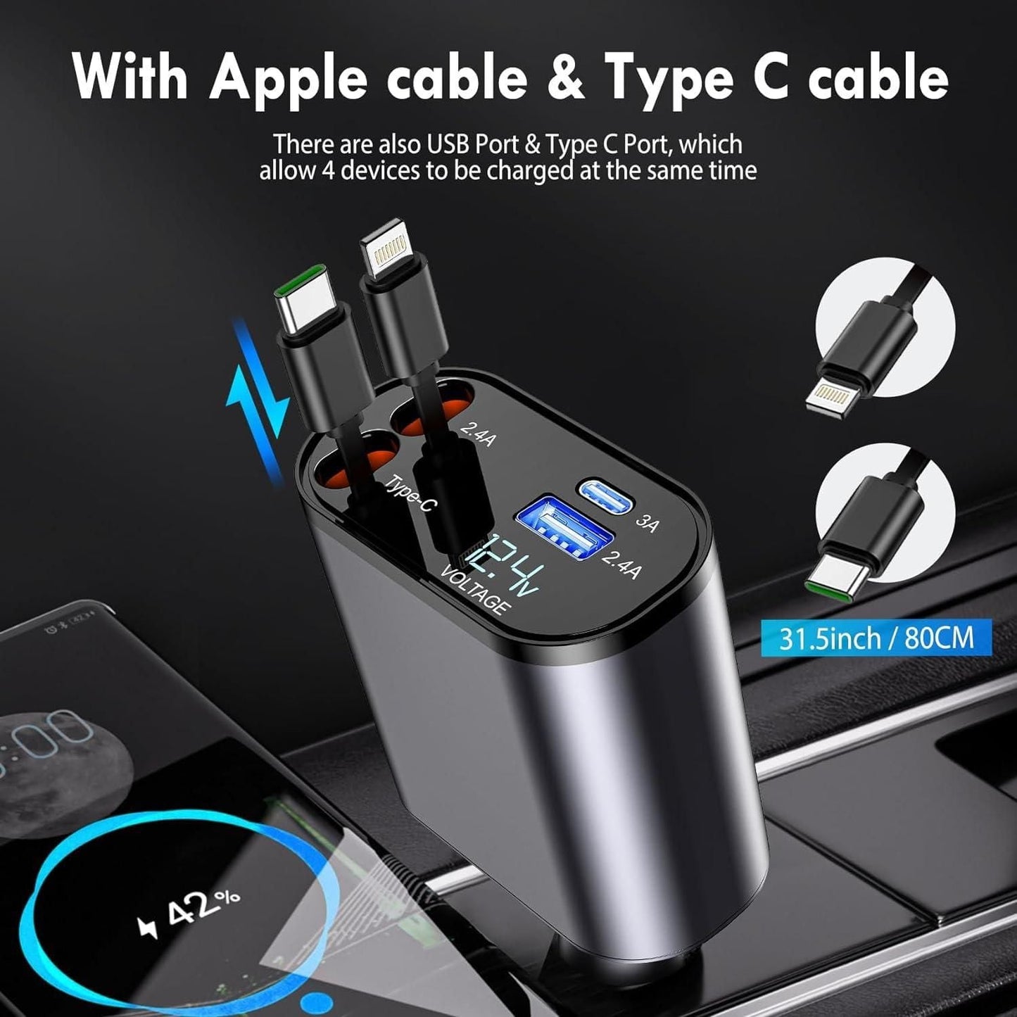 4 in 1 Retractable Car Charger with Fast Charging & Dual Ports ✅Trusted Seller