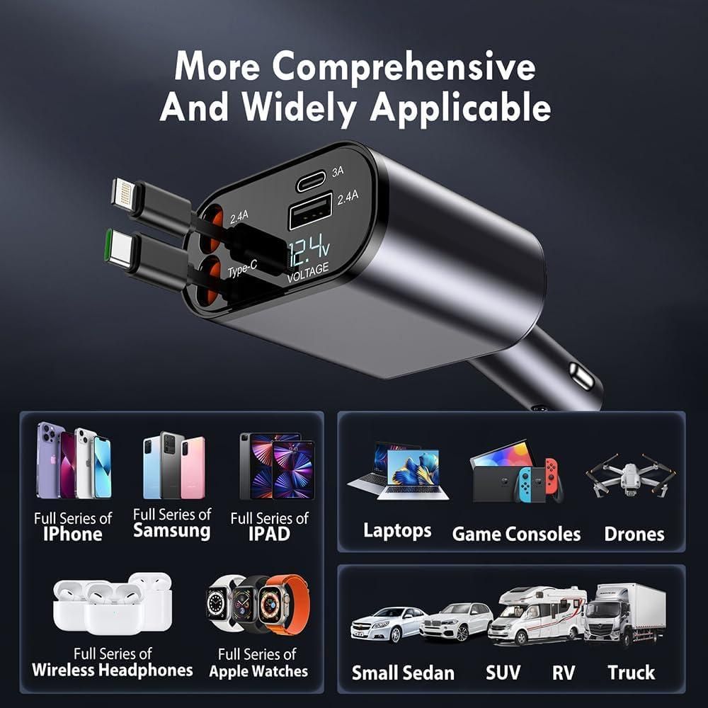 4 in 1 Retractable Car Charger with Fast Charging & Dual Ports ✅Trusted Seller