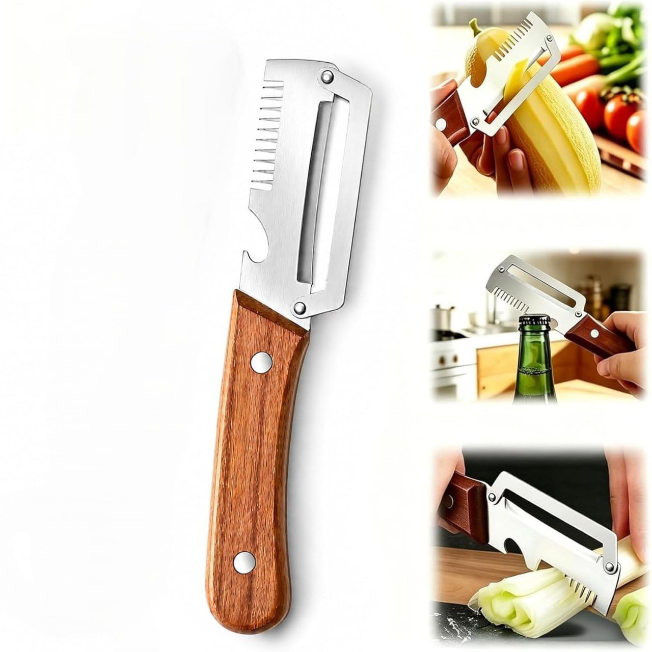 2-in-1 Premium Vegetable Peeler with Wooden Handle | Stainless Steel Wide Blade + Julienne Shredder + Bottle Opener Mihikart
