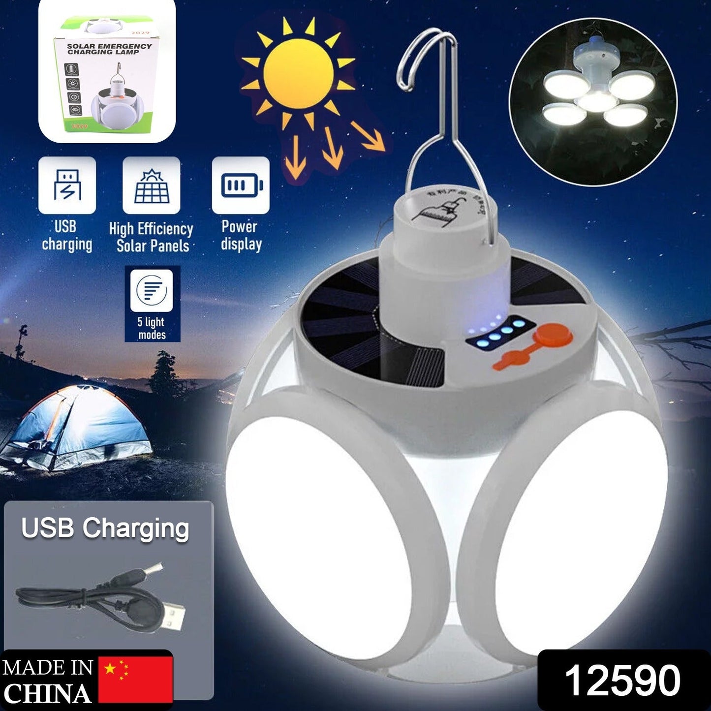 Solar Multi-Functional Emergency LED Light Bulb with USB Charging, LED camping lamp, camping lamp, USB rechargeable, 5 brightness light modes, foldable camping light, SOS IP65 waterproof camping light, blackout emergency equipment, camping gadgets - mihikart.com