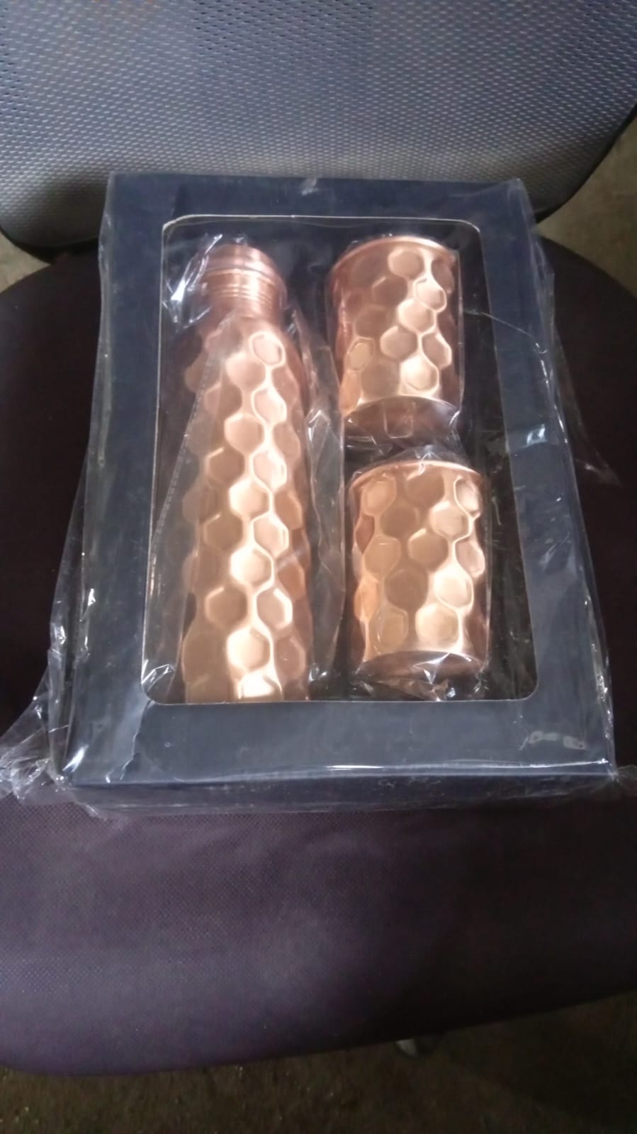 Diamond Cut Copper Water Bottle 2 Glasses with Gift Box (3 Pcs Set) Mihikart
