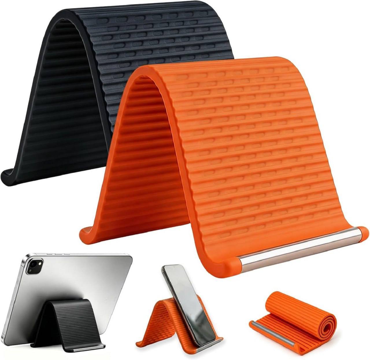 Flexible foldable silicone phone and tablet stand in black and orange with aluminum core