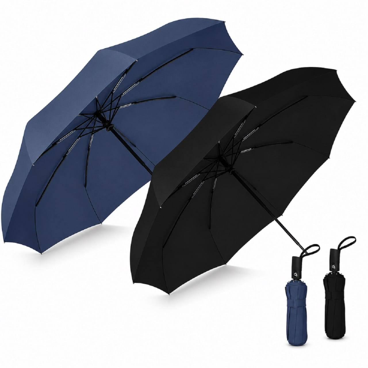 Auto open close windproof UV protection foldable umbrella in black and navy blue compact 3-fold design