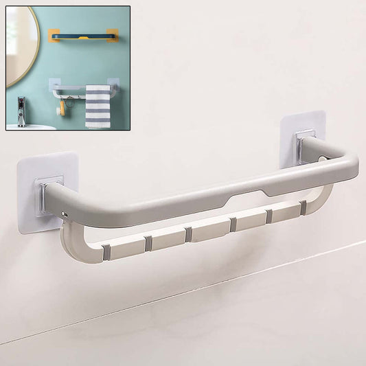 Wall Mounted Double Bar Towel Holder with Hooks | Multifunctional Adjustable Towels Rack for Kitchen / Bathroom | Folding Towel Shelf - mihikart.com