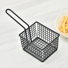 Stainless steel food strainer basket for kitchen use.