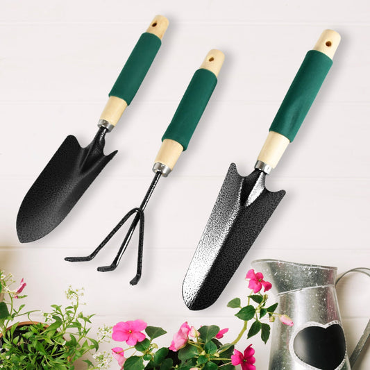 Gardening Tools - Hand Cultivator, Trowel, Heavy Duty with Ergonomic Wooden Handle for Transplanting and Digging (3 Pcs Set) Mihikart