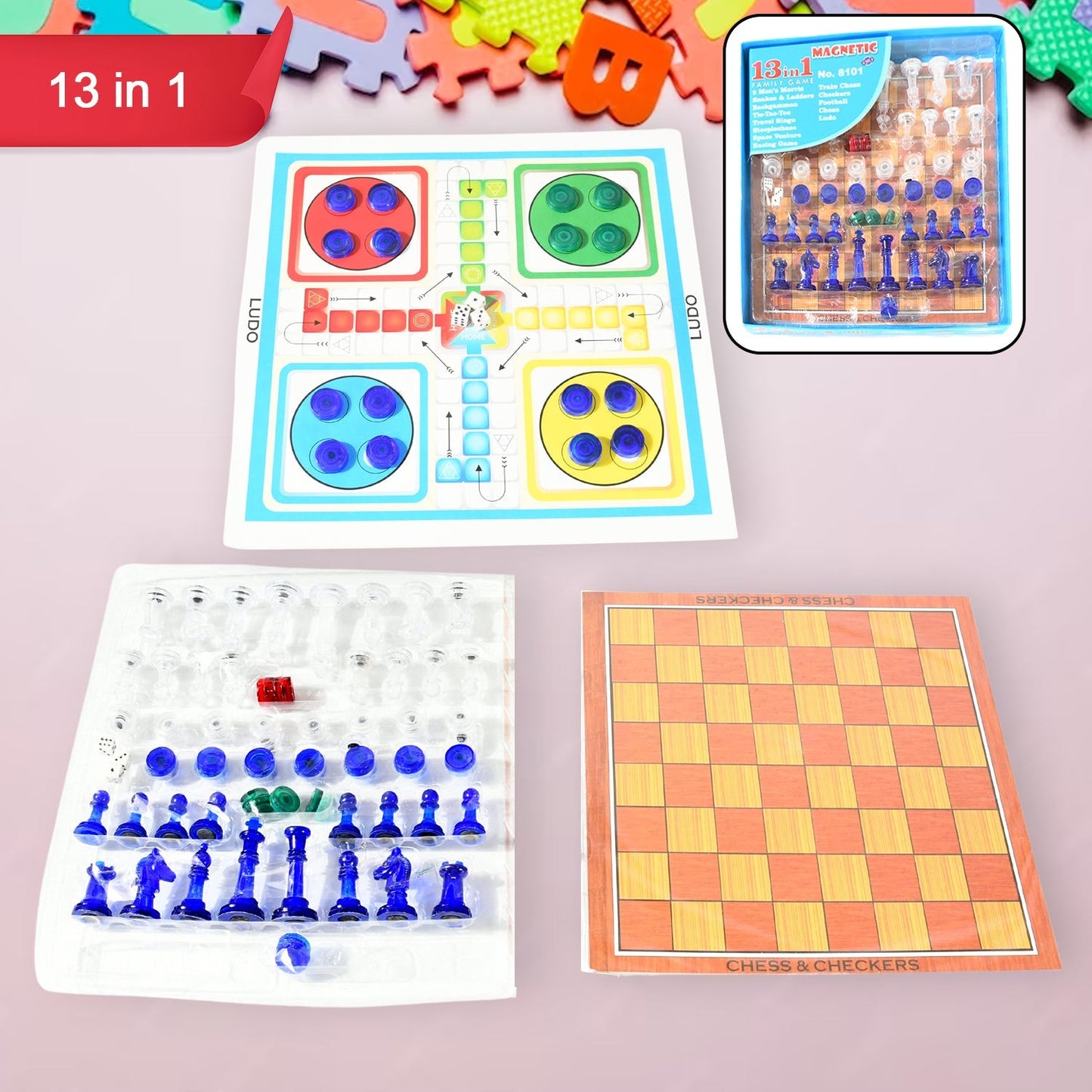 13 in 1 Family Board Game Chess, Snakes & Ladders, Ludo, Tic-Tac-Toe, Checkers, Travel Bingo, Football, Space Venture, Steeplechase Set for Kids Mihikart