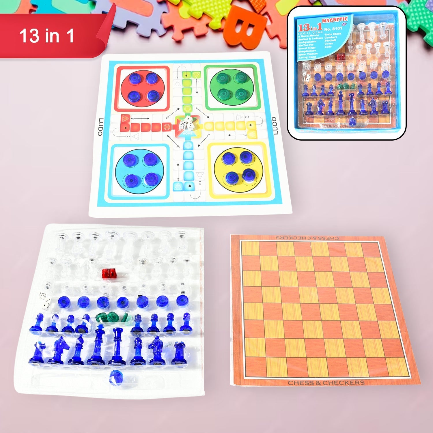 13 in 1 Family Board Game Chess, Snakes & Ladders, Ludo, Tic-Tac-Toe, Checkers, Travel Bingo, Football, Space Venture, Steeplechase Set for Kids Mihikart