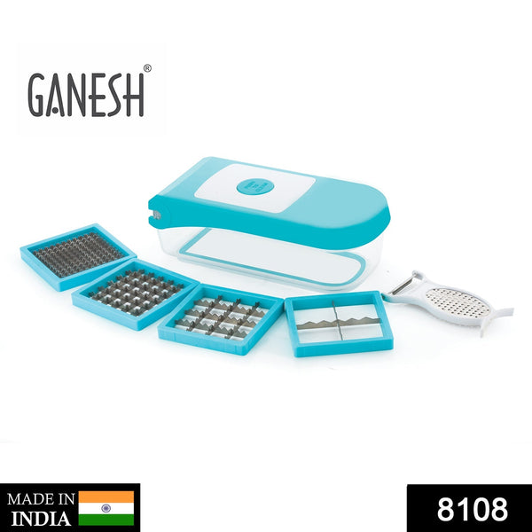 7-in-1 plastic vegetable dicer by Ganesh, blue color, various views.