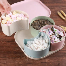 Divided food plate with large compartments for candies, snacks, and fruits, ideal for parties.