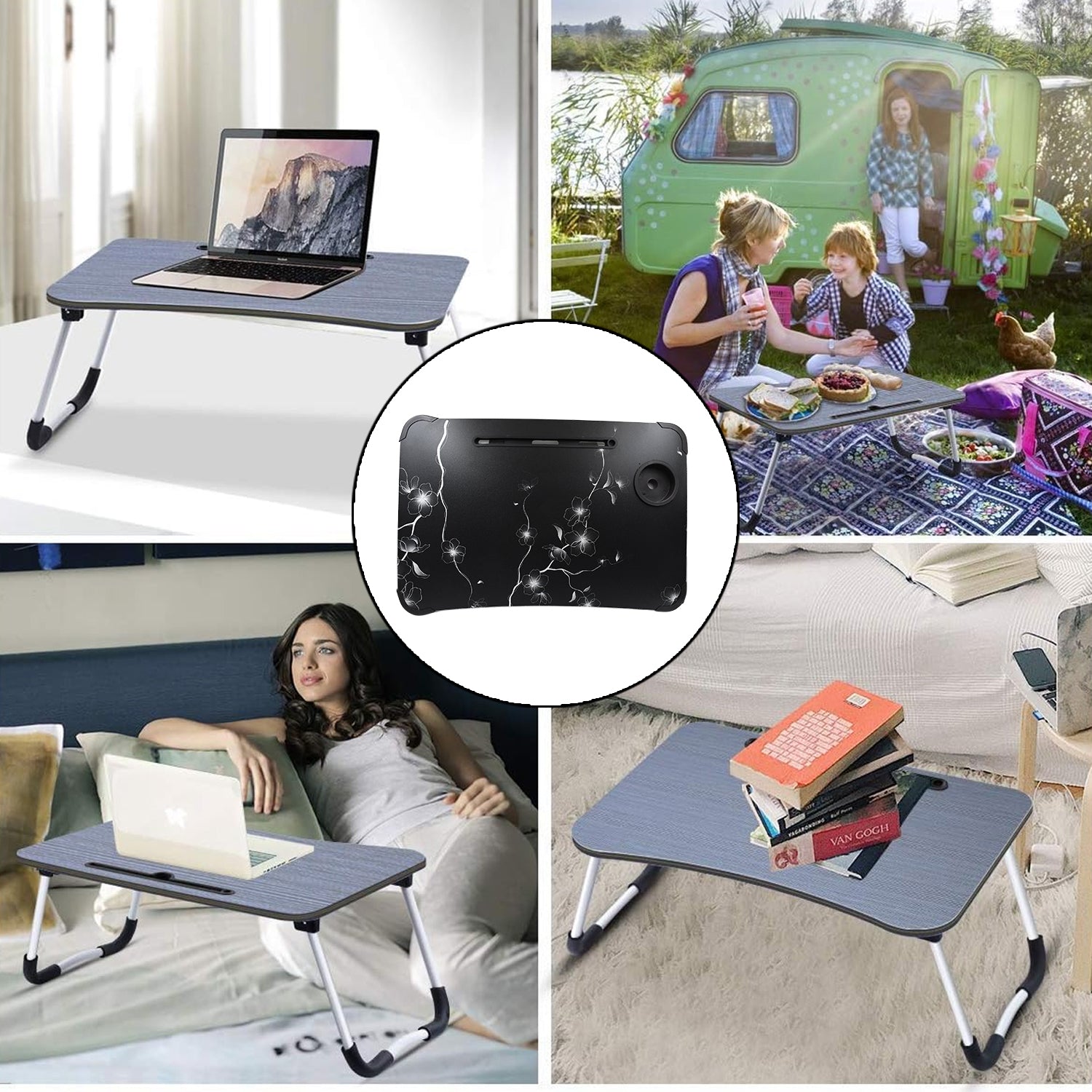 Laptop Table Foldable Portable Notebook Bed Lap Desk Tray Stand Reading Holder with Coffee Cup Slot for Breakfast, Reading & Movie Watching. - mihikart.com