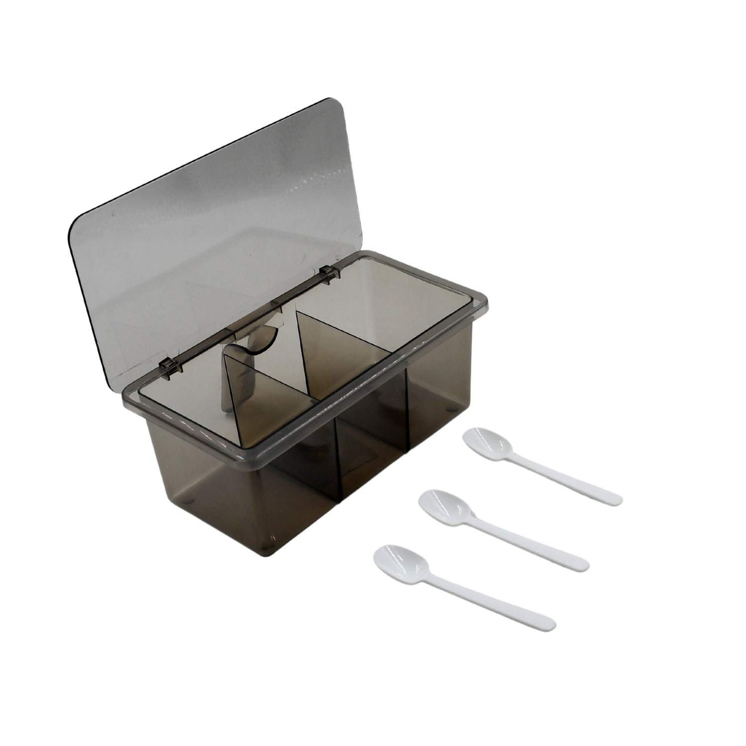 Spice serving set with three sections, lid included, durable for use in bars and restaurants.