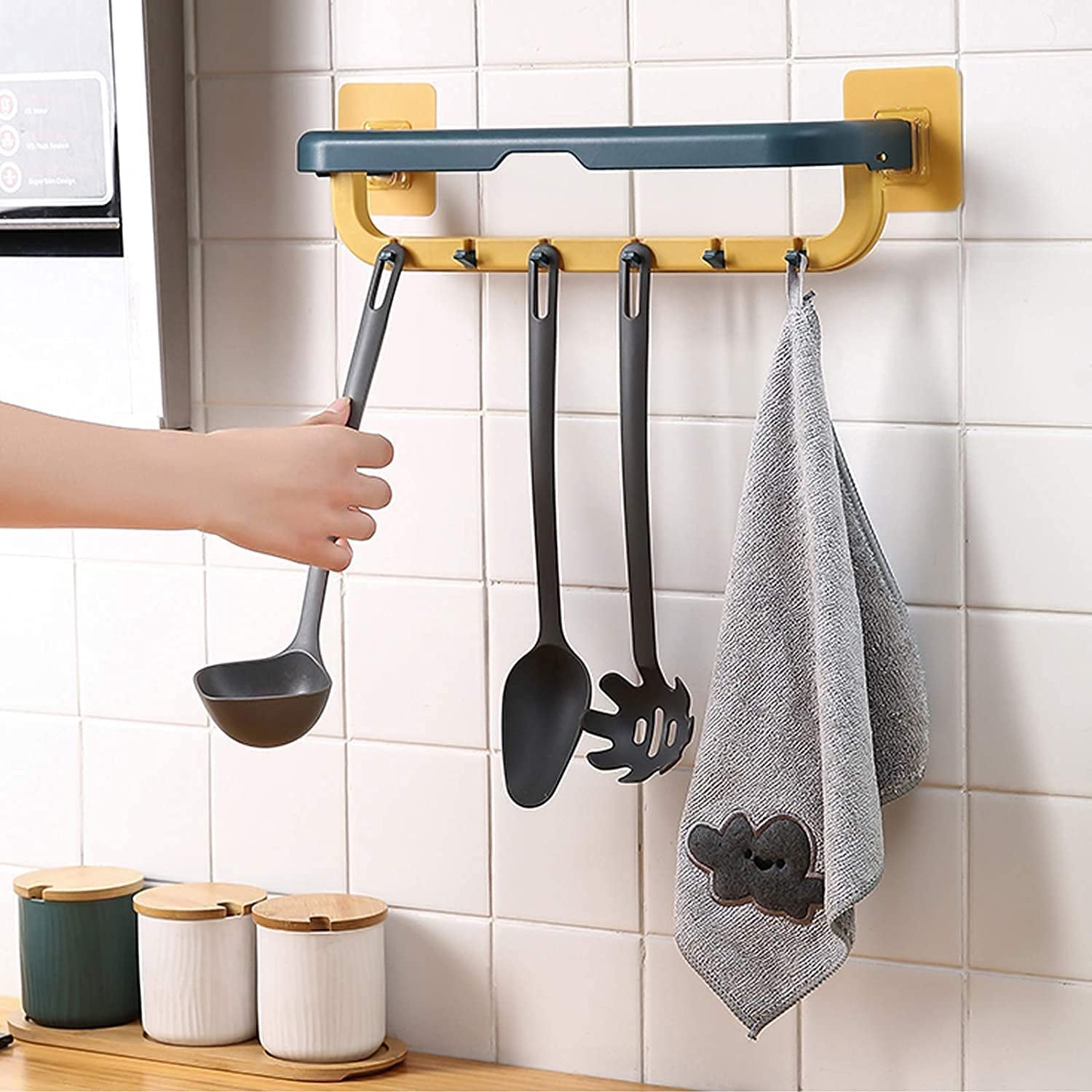 Wall Mounted Double Bar Towel Holder with Hooks | Multifunctional Adjustable Towels Rack for Kitchen / Bathroom | Folding Towel Shelf - mihikart.com