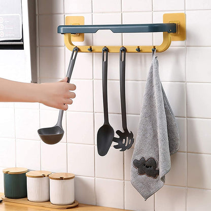Wall Mounted Double Bar Towel Holder with Hooks | Multifunctional Adjustable Towels Rack for Kitchen / Bathroom | Folding Towel Shelf - mihikart.com
