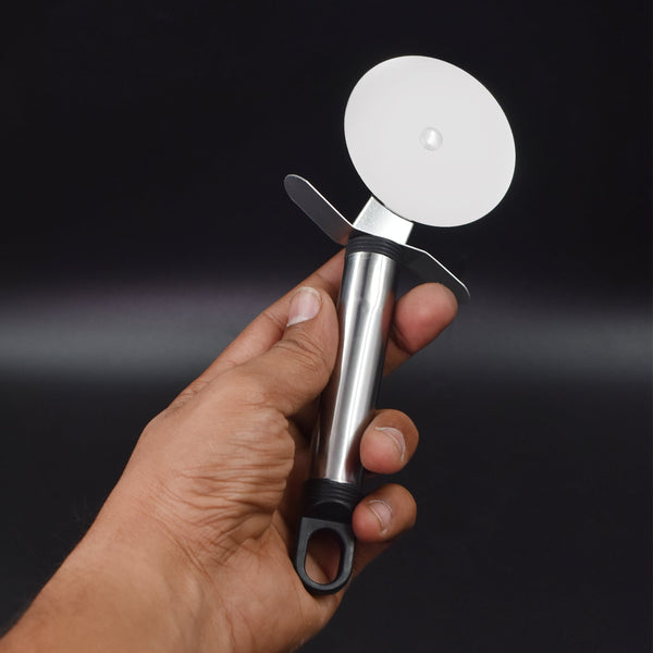 Pizza cutter with sharp wheel for precise slicing.