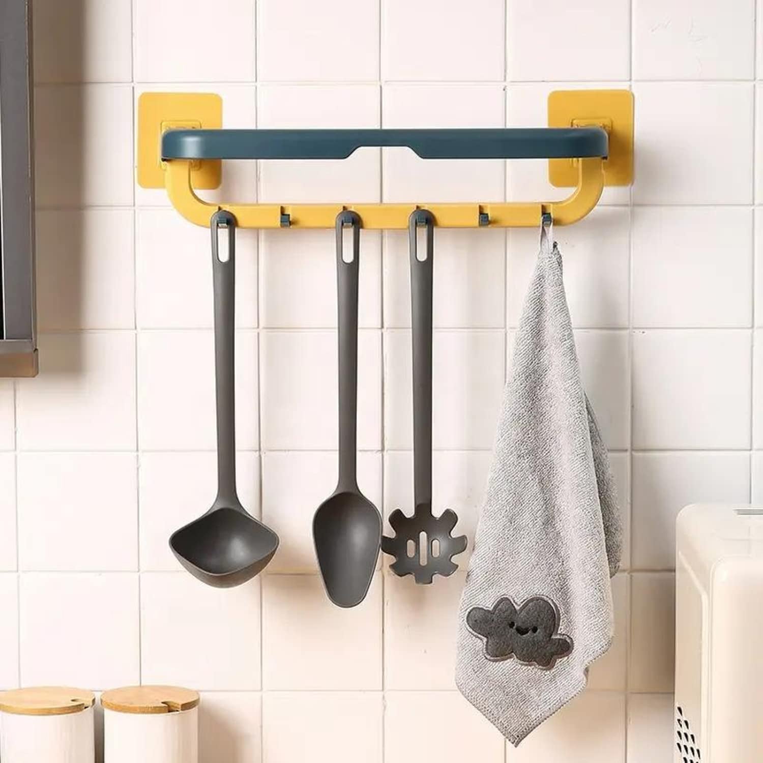 Wall Mounted Double Bar Towel Holder with Hooks | Multifunctional Adjustable Towels Rack for Kitchen / Bathroom | Folding Towel Shelf - mihikart.com