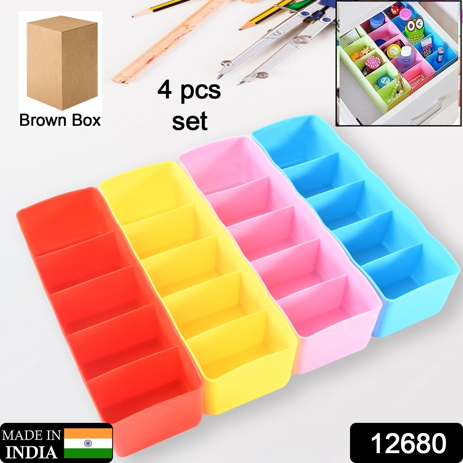 Multi-Function Desktop Drawer Storage Box Clothing Organizer 5 Grid Storage Box Underwear Socks ,Ties Organizer Box (4 Pc Set) Mihikart