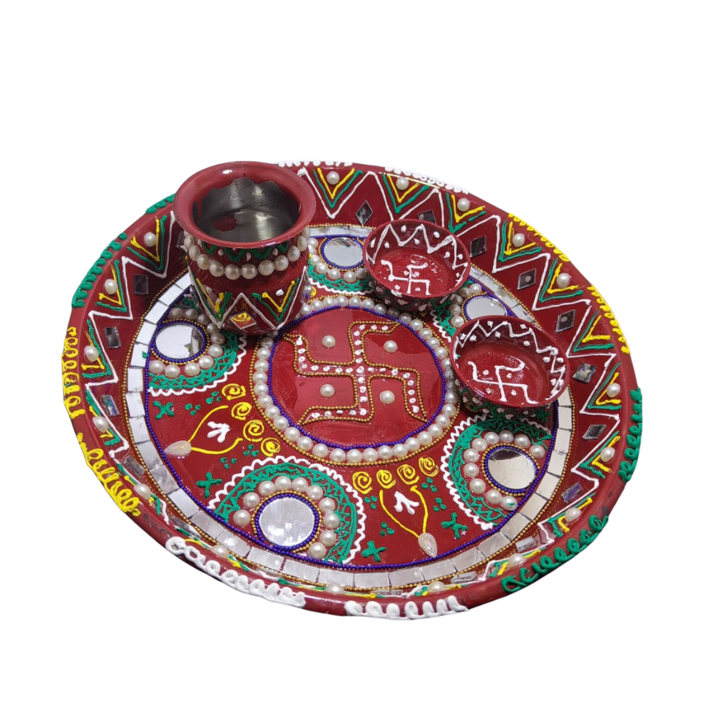 Mihikart Handmade Decorative Pooja Thali Swastik Design, Puja Plate, Karwachauth Thali Set, Diwali Gift Items, Decorative Items for Pooja, Aarti Thali Decorative - 11 inches Mihikart-01