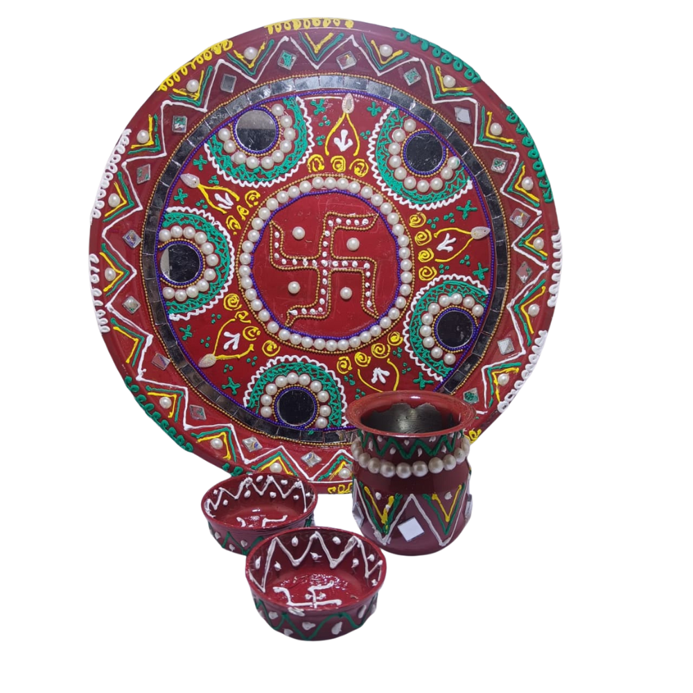 Mihikart Handmade Decorative Pooja Thali Swastik Design, Puja Plate, Karwachauth Thali Set, Diwali Gift Items, Decorative Items for Pooja, Aarti Thali Decorative - 11 inches Mihikart-01