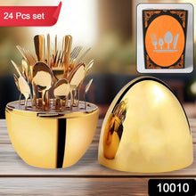 Premium Cutlery Set 24 Pcs with Oval Shaped Stand | Beautiful Stylish Oval Designed Cutlery Sets, Egg-Shaped Luxury Spoon Holder Set  (Golden / 24 pcs set)