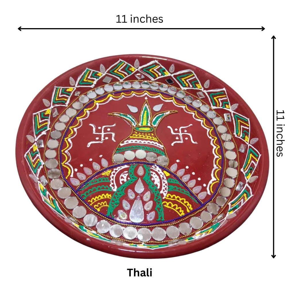 Mihikart Handmade Decorative Pooja Kalash Design Thali, Puja Plate, Karwachauth Thali Set, Diwali Gift Items, Decorative Items for Pooja, Aarti Thali Decorative - 11 inches Mihikart-01