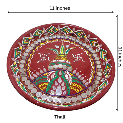 Mihikart Handmade Decorative Pooja Kalash Design Thali, Puja Plate, Karwachauth Thali Set, Diwali Gift Items, Decorative Items for Pooja, Aarti Thali Decorative - 11 inches Mihikart-01