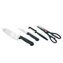 Stainless kitchen tool set including butcher knife, standard knife, peeler, and scissors