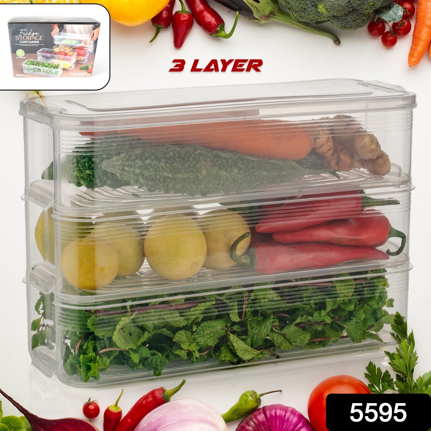 3 Fridge Storage Container, Fridge Organizer with Lid Stackable Fridge Storage Containers Plastic Freezer Storage Containers for Fish, Meat, Vegetables, Fruits, Pack of 3pcs, 1500ML Approx Mihikart