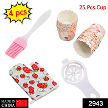 Kitchen tools set with spatula brush, oven glove, egg yolk separator, and paper cups.