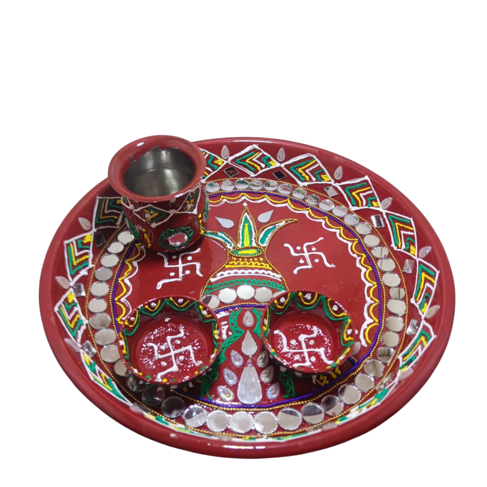 Mihikart Handmade Decorative Pooja Kalash Design Thali, Puja Plate, Karwachauth Thali Set, Diwali Gift Items, Decorative Items for Pooja, Aarti Thali Decorative - 11 inches Mihikart-01