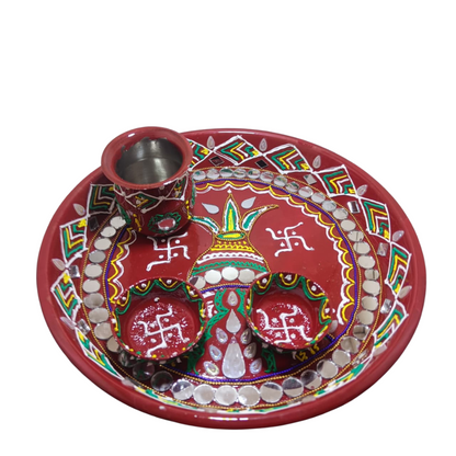 Mihikart Handmade Decorative Pooja Kalash Design Thali, Puja Plate, Karwachauth Thali Set, Diwali Gift Items, Decorative Items for Pooja, Aarti Thali Decorative - 11 inches Mihikart-01