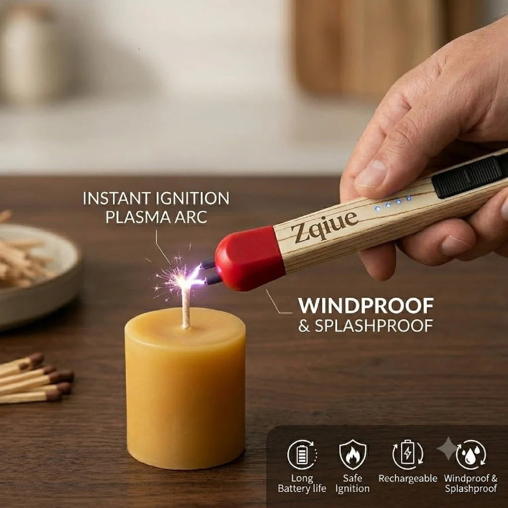 Electric matchstick arc lighter igniting gas stove with blue flame USB Type-C charging cable shown alongside red safety cap plasma arc close-up