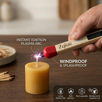 Electric matchstick arc lighter igniting gas stove with blue flame USB Type-C charging cable shown alongside red safety cap plasma arc close-up