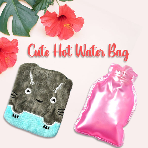 Grey Cat Print Small Hot Water Bag with Cover for Pain Relief