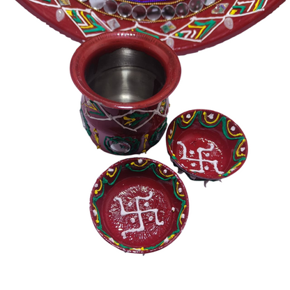 Mihikart Handmade Decorative Pooja Kalash Design Thali, Puja Plate, Karwachauth Thali Set, Diwali Gift Items, Decorative Items for Pooja, Aarti Thali Decorative - 11 inches Mihikart-01