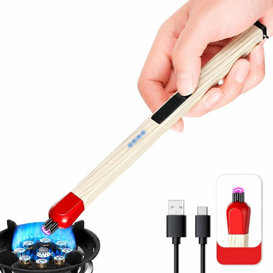 Two electric matchstick lighters hanging on wall hooks with integrated metal loop slim matchstick design wood grain red cap bathroom kitchen storage