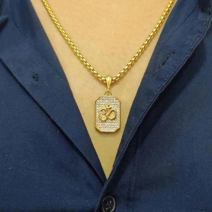 Gold Plated Om Diamond Pendant and Chain - mihikart.com 