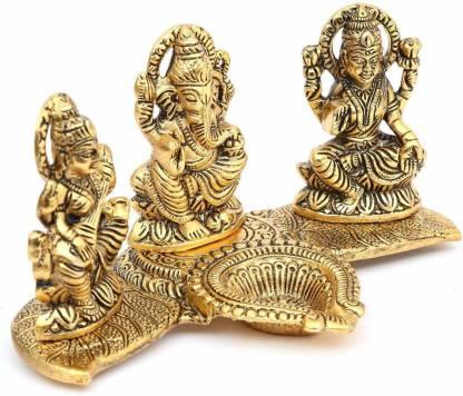 Design Gold Plated Lakshmi Ganesh Saraswati Idol with Deepak Showpiece Mihikart