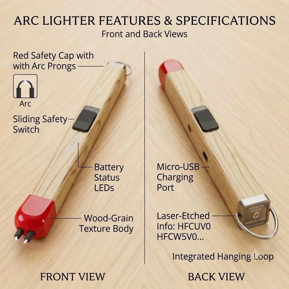 Arc lighter front and back view diagram showing red safety cap with arc prongs sliding safety switch battery LED dots micro USB port wood grain body and hanging loop