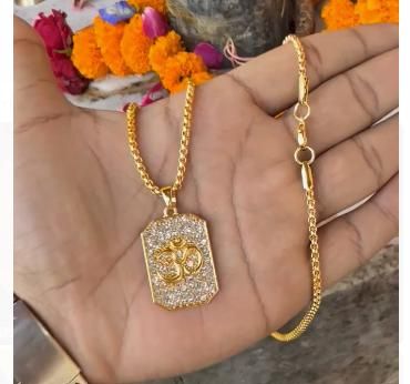 Gold Plated Om Diamond Pendant and Chain - mihikart.com 