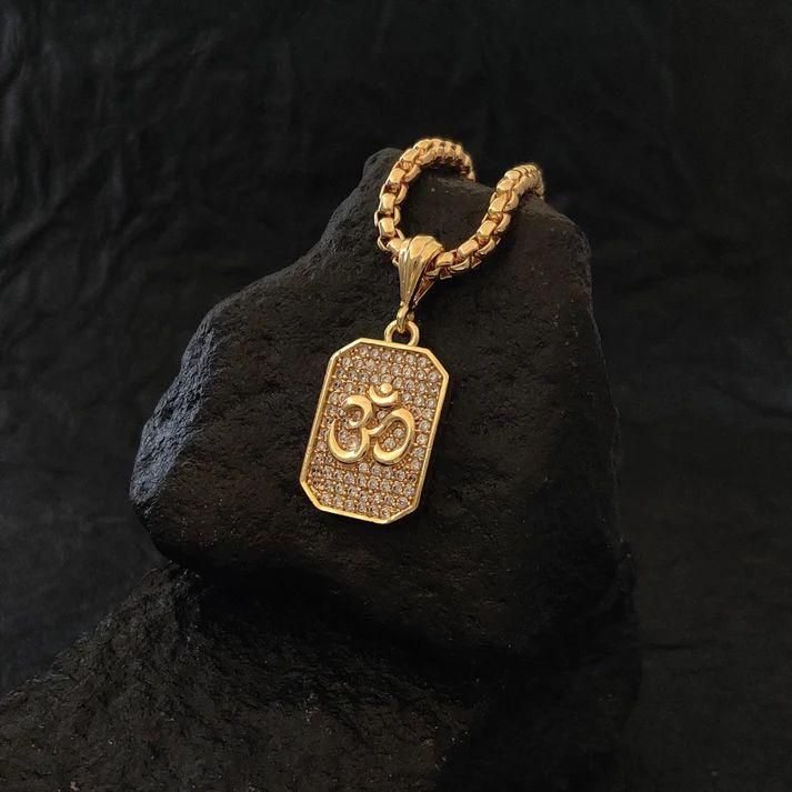 Gold Plated Om Diamond Pendant and Chain - mihikart.com 