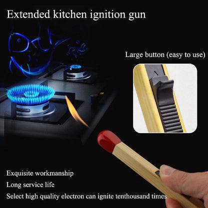 Matchstick lighter extended kitchen ignition one touch trigger visible fuel level butane refillable port 20.5cm 8 inch size comparison with coin dark background