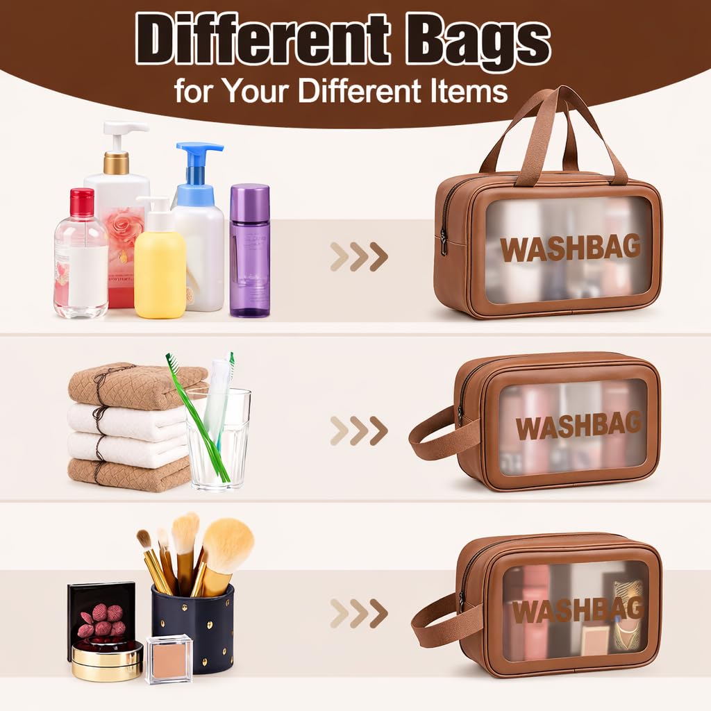 FLYNGO Clear Makeup Pouch Set, Cosmetic Organizer Bag for Women and Girls Travel Waterproof Toiletry Storage Kit (Set of 3 Beige) mihikart.com