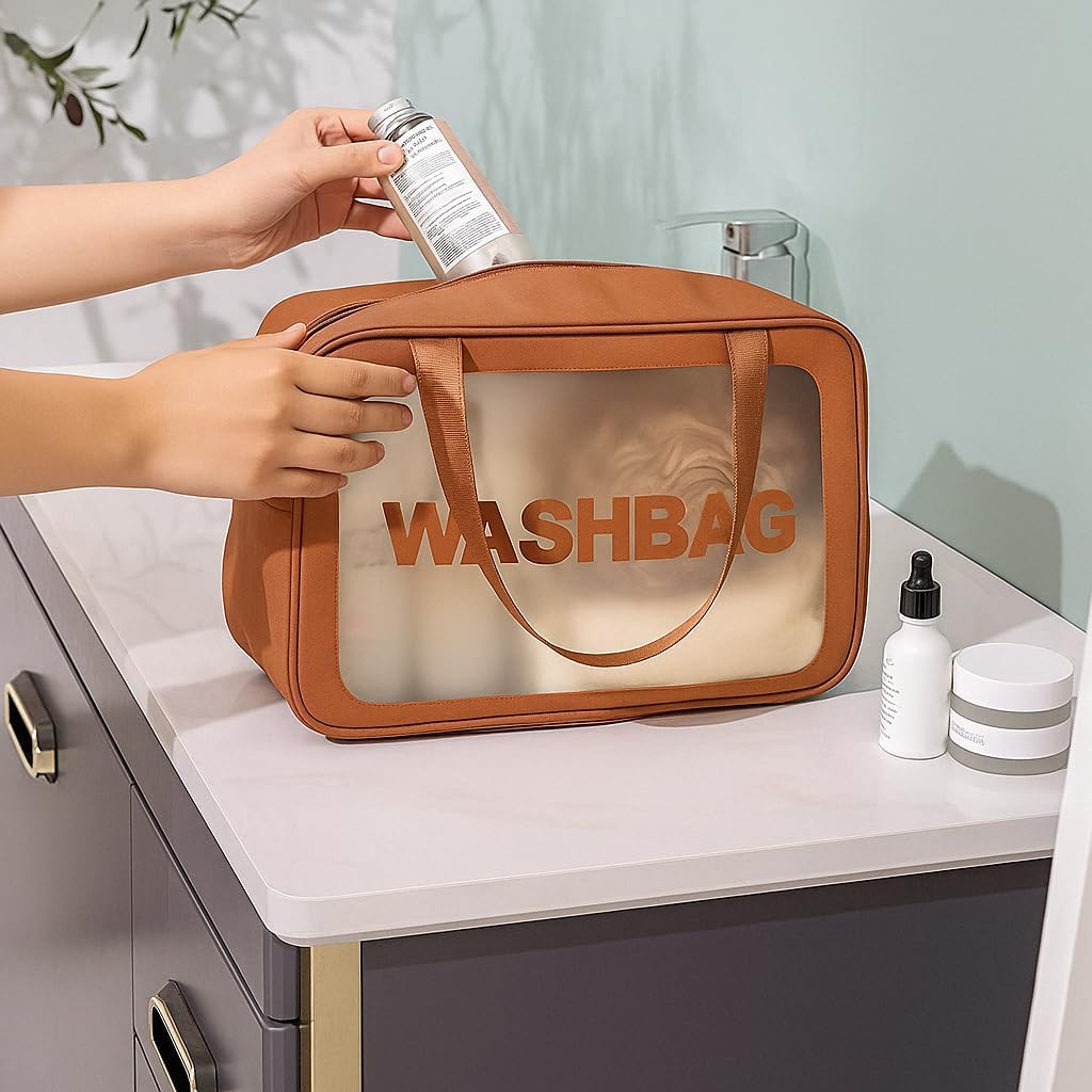 FLYNGO Clear Makeup Pouch Set, Cosmetic Organizer Bag for Women and Girls Travel Waterproof Toiletry Storage Kit (Set of 3 Beige) mihikart.com