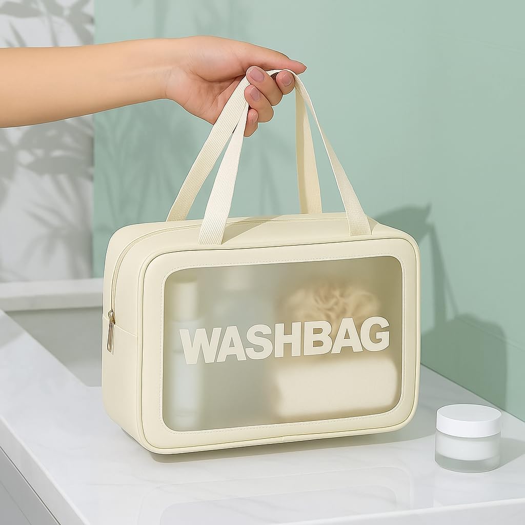 FLYNGO Clear Makeup Pouch Set, Cosmetic Organizer Bag for Women and Girls Travel Waterproof Toiletry Storage Kit (Set of 3 Beige) mihikart.com